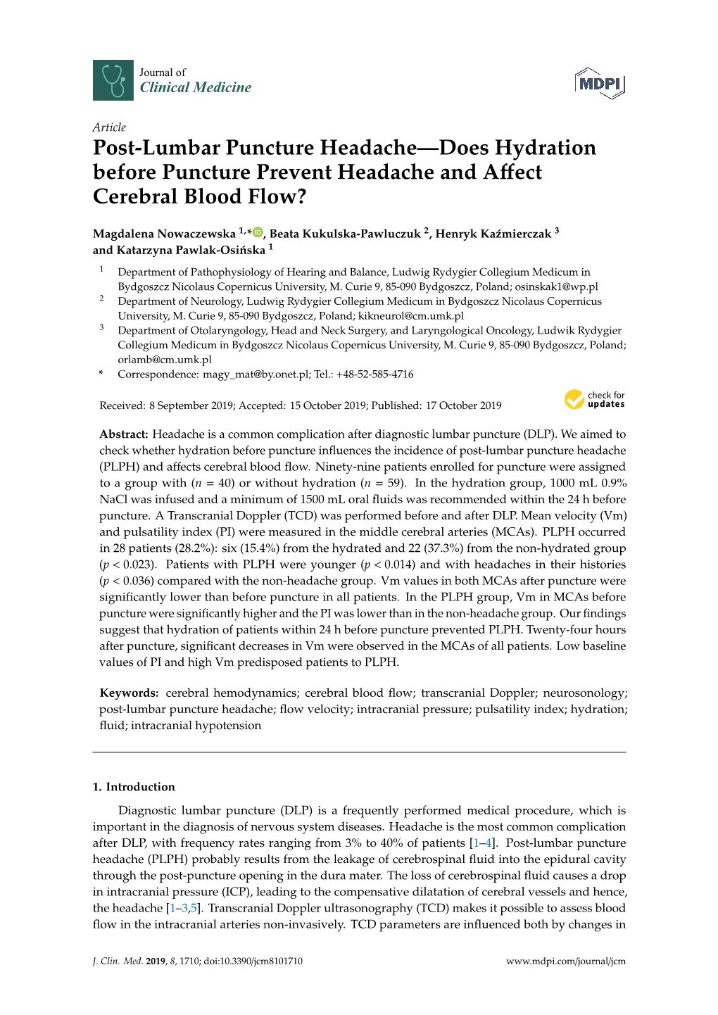 Post-Lumbar Puncture Headache—Does Hydration Before Puncture Prevent Headache and Affect Cerebral Blood Flow?