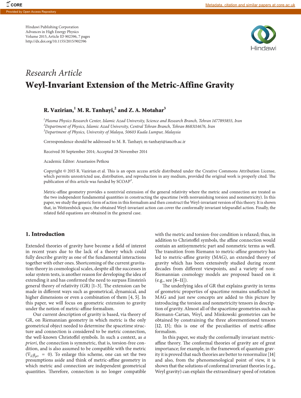Research Article Weyl-Invariant Extension of the Metric-Affine Gravity