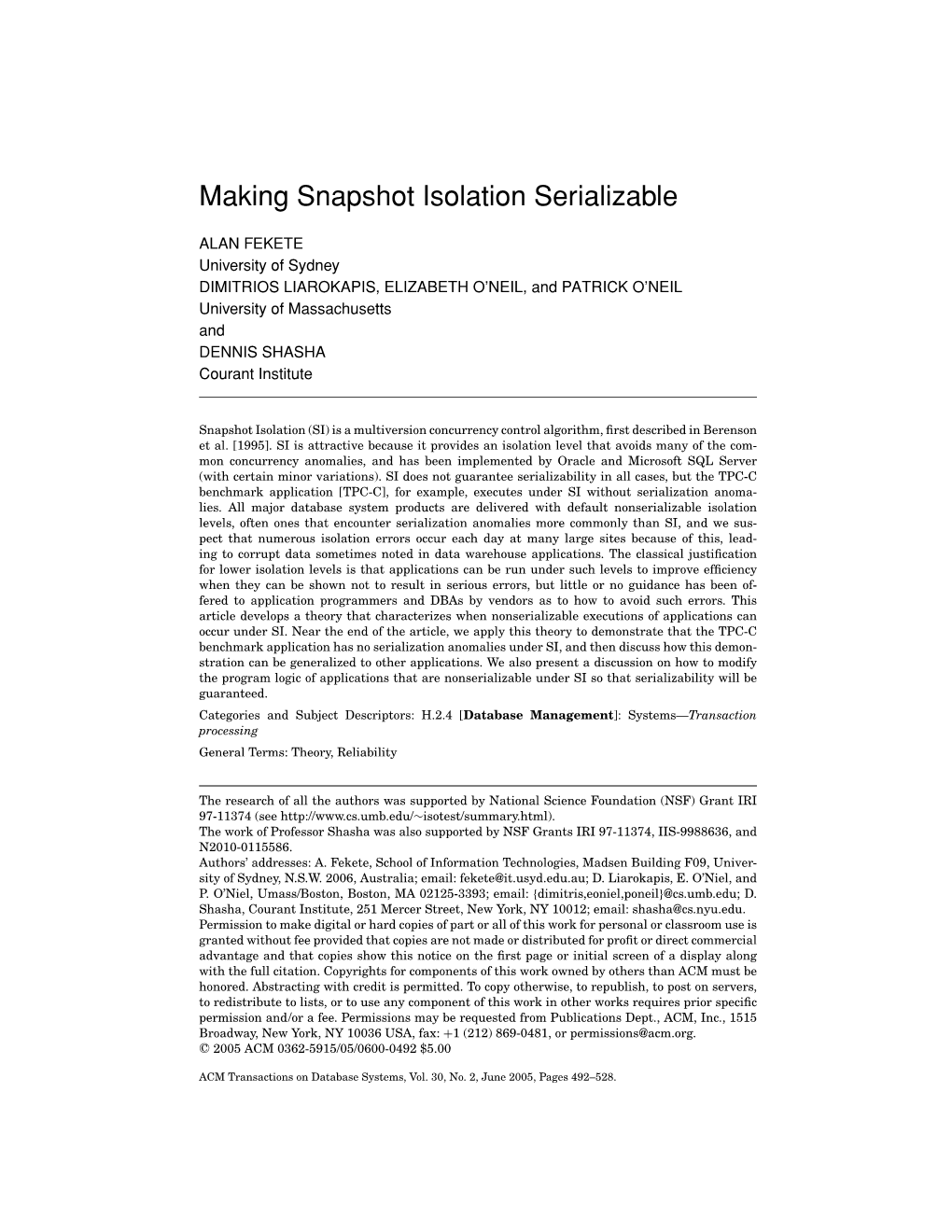 Making Snapshot Isolation Serializable