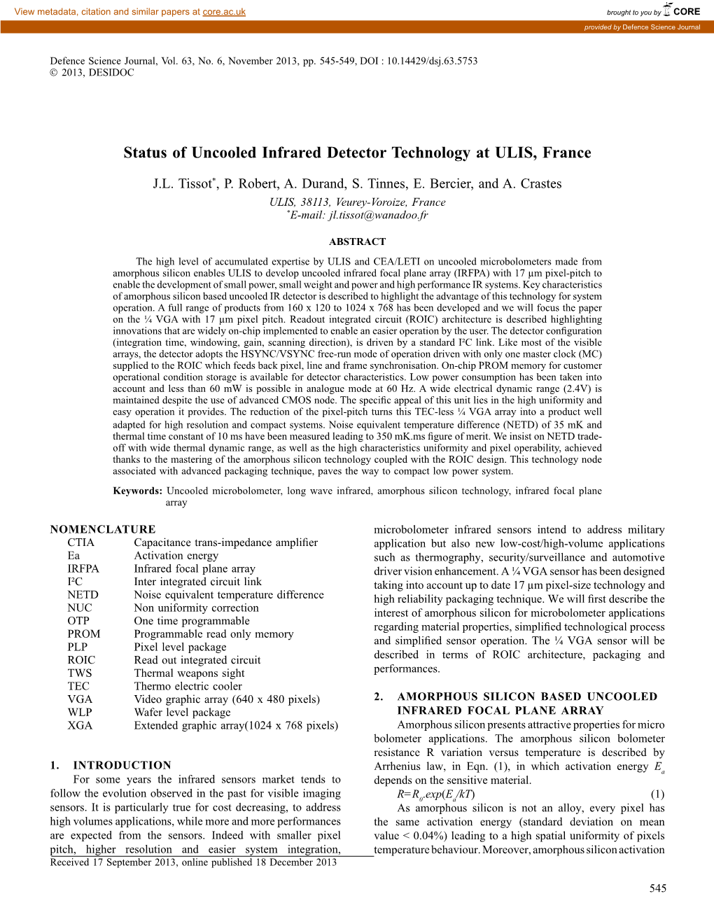 Status of Uncooled Infrared Detector Technology at ULIS, France