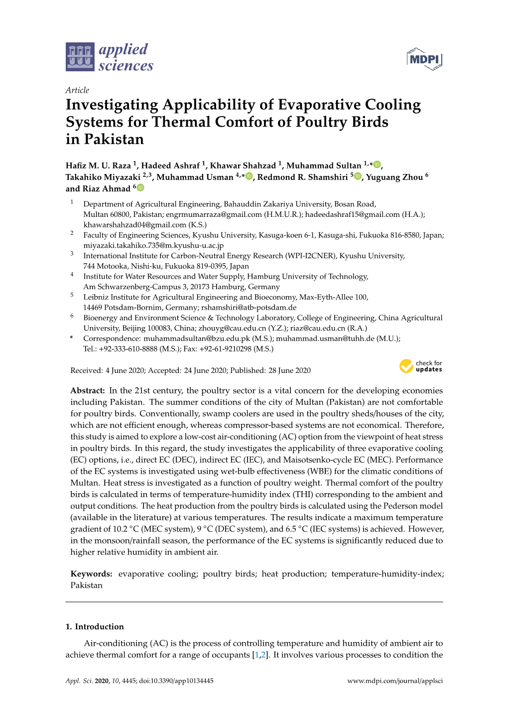 Investigating Applicability of Evaporative Cooling Systems for Thermal Comfort of Poultry Birds in Pakistan