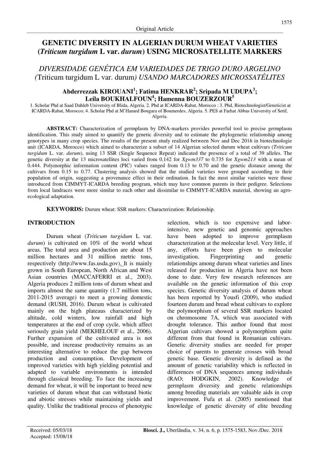 GENETIC DIVERSITY in ALGERIAN DURUM WHEAT VARIETIES (Triticum Turgidum L Var