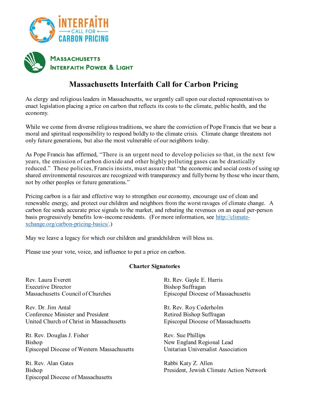 Massachusetts Interfaith Call for Carbon Pricing