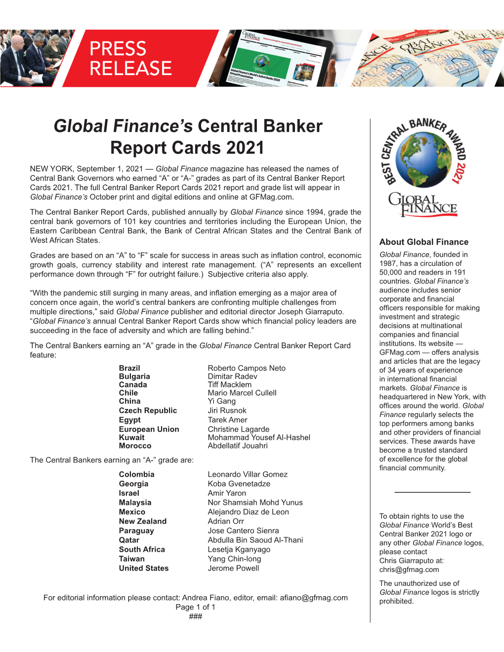 Global Finance's Central Banker Report Cards 2021