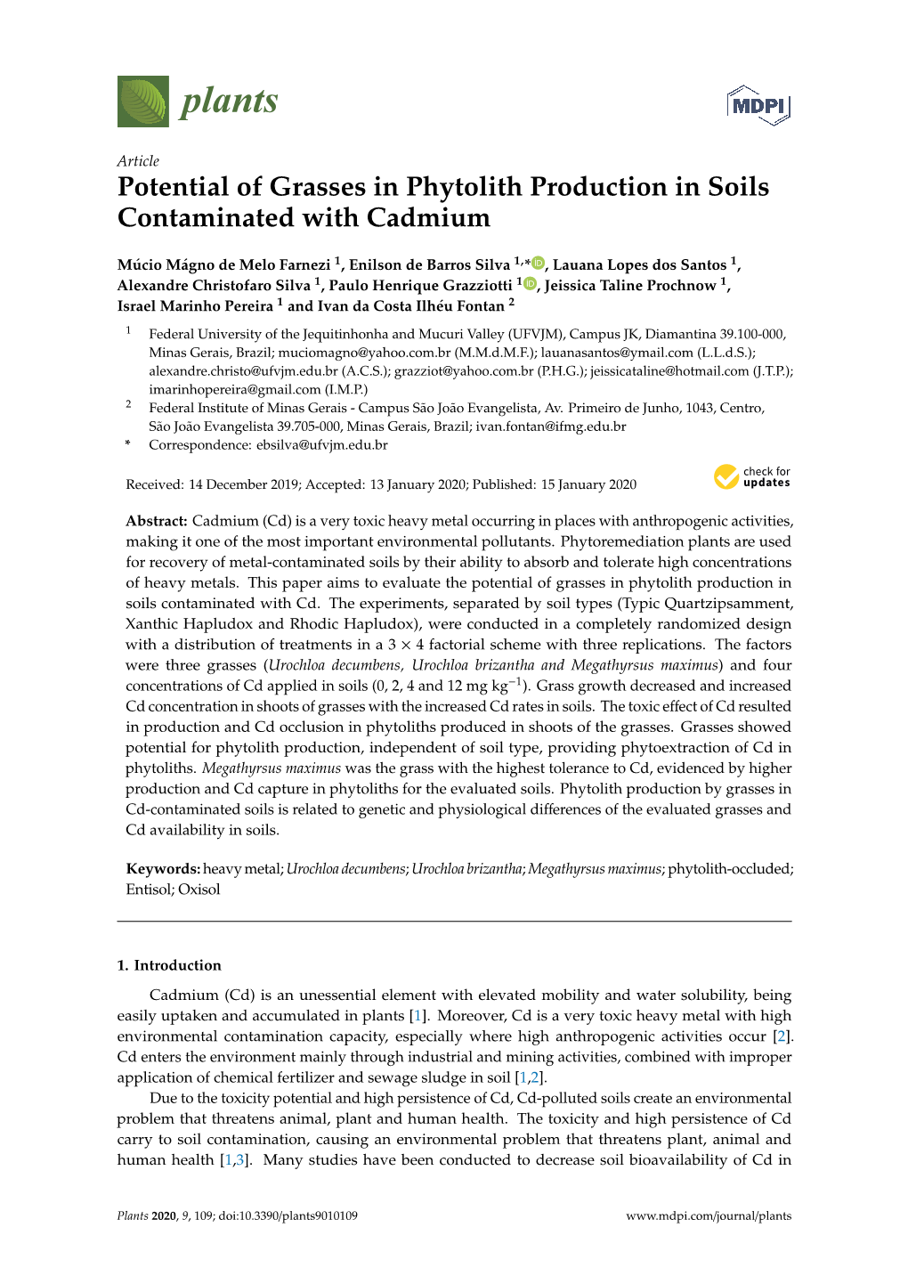 Potential of Grasses in Phytolith Production in Soils Contaminated with Cadmium