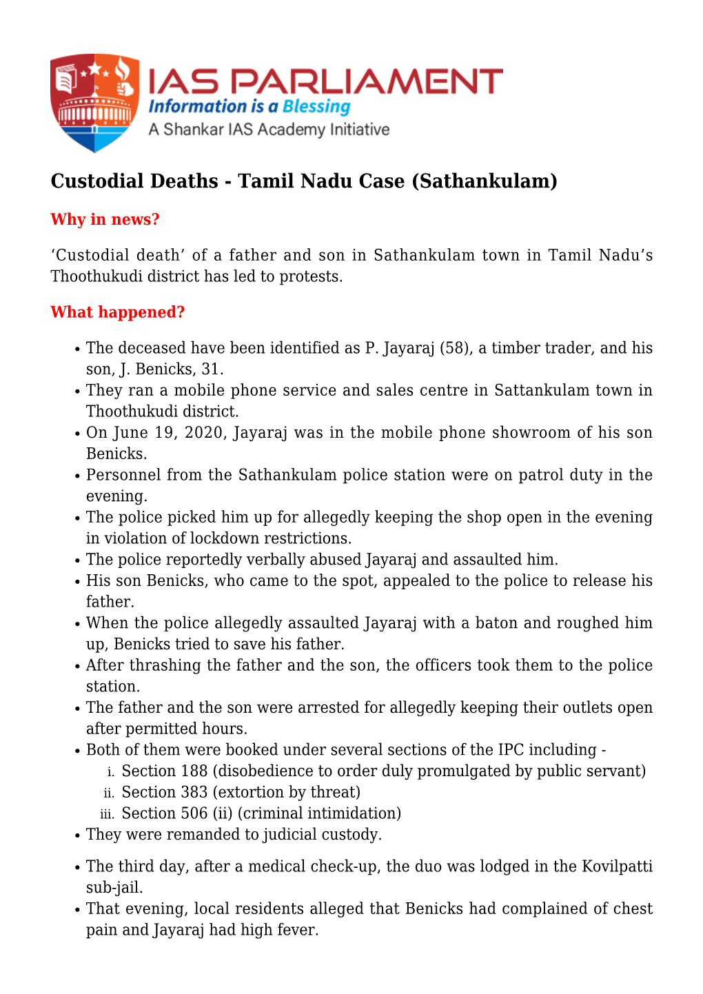 Custodial Deaths - Tamil Nadu Case (Sathankulam)