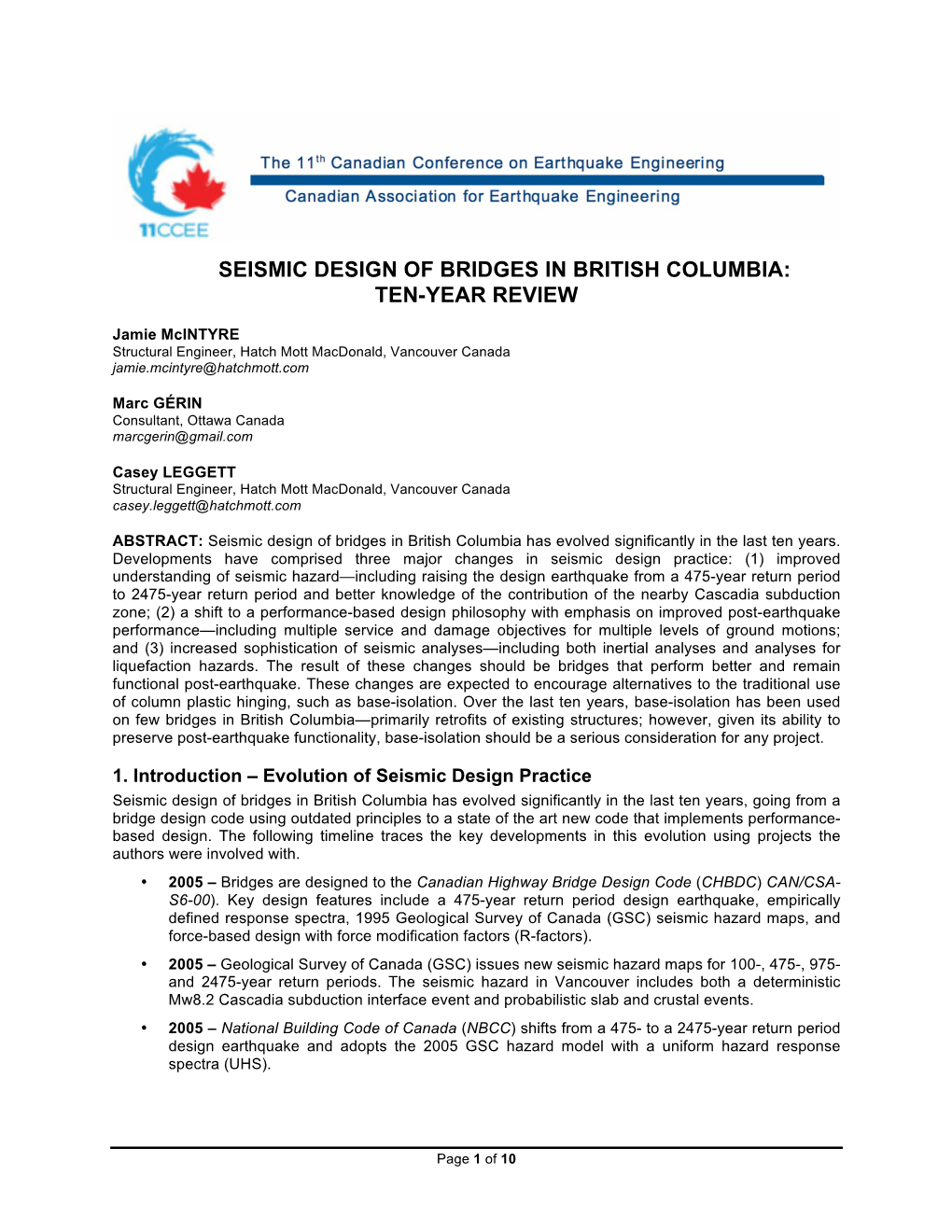 Seismic Design of Bridges in British Columbia: Ten-Year Review