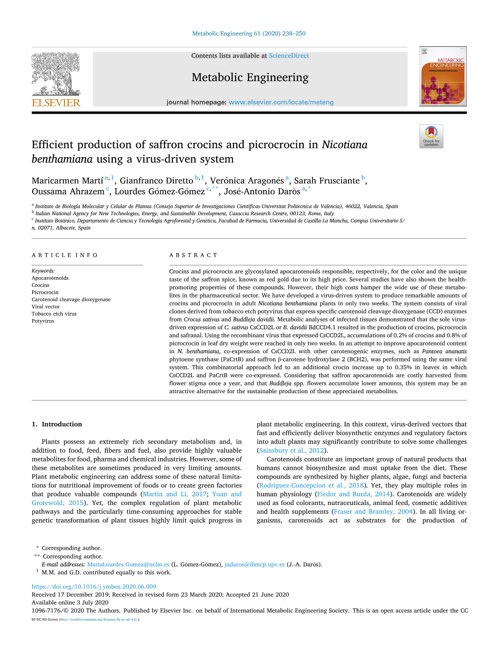 Efficient Production of Saffron Crocins and Picrocrocin in Nicotiana Benthamiana Using a Virus-Driven System