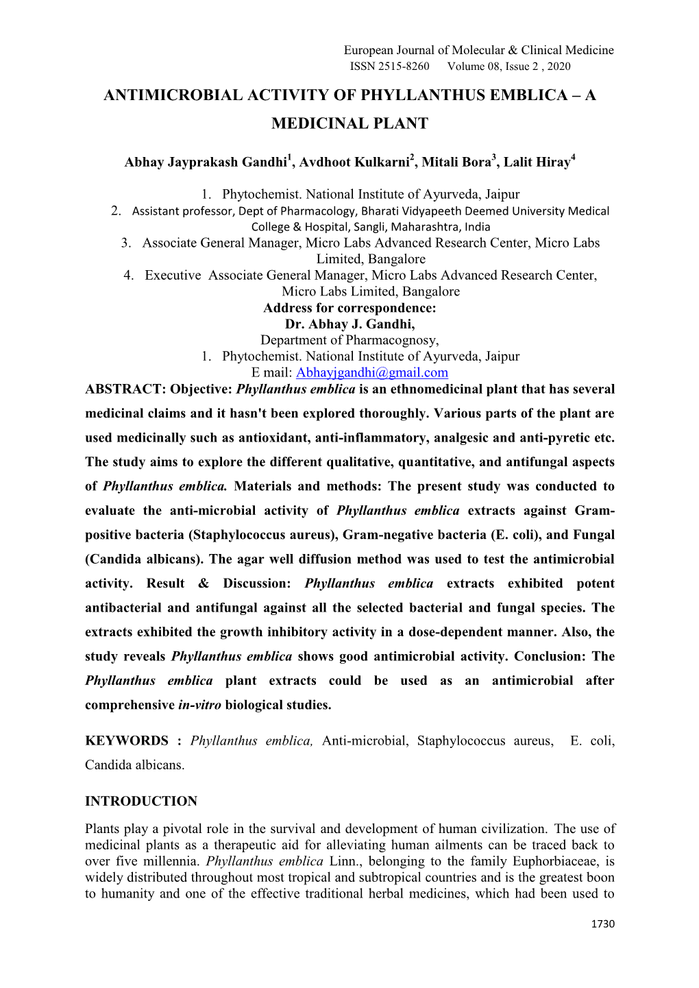 Antimicrobial Activity of Phyllanthus Emblica – a Medicinal Plant