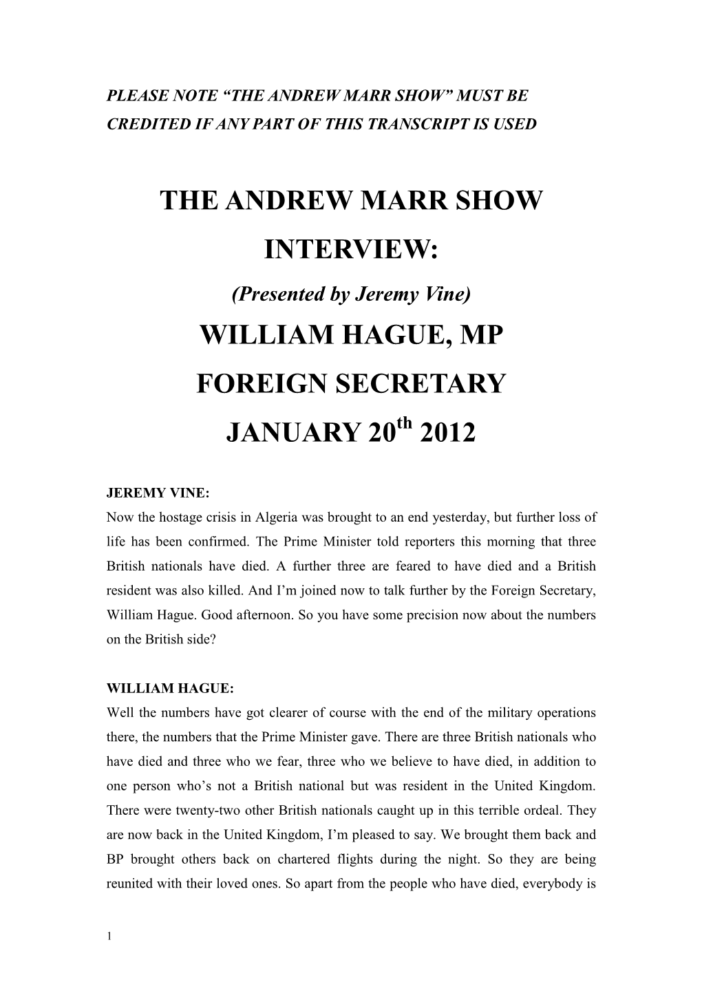 The Andrew Marr Show Interview: William Hague, Mp