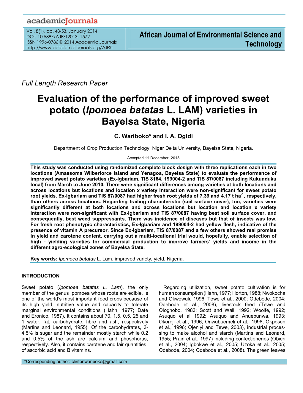 Evaluation of the Performance of Improved Sweet Potato (Ipomoea Batatas L