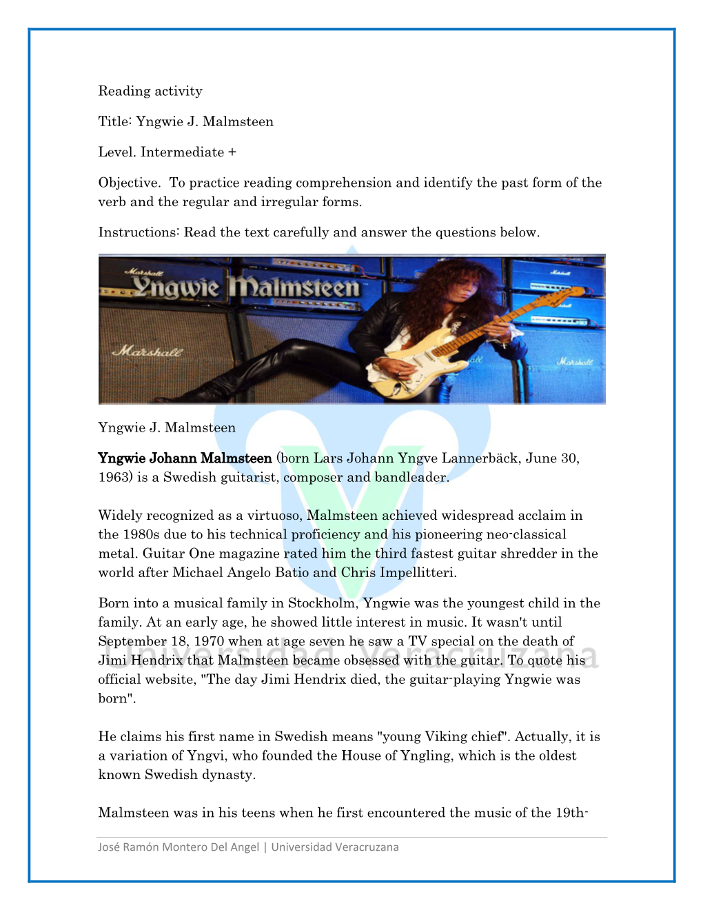 Reading Activity Title: Yngwie J. Malmsteen Level. Intermediate +