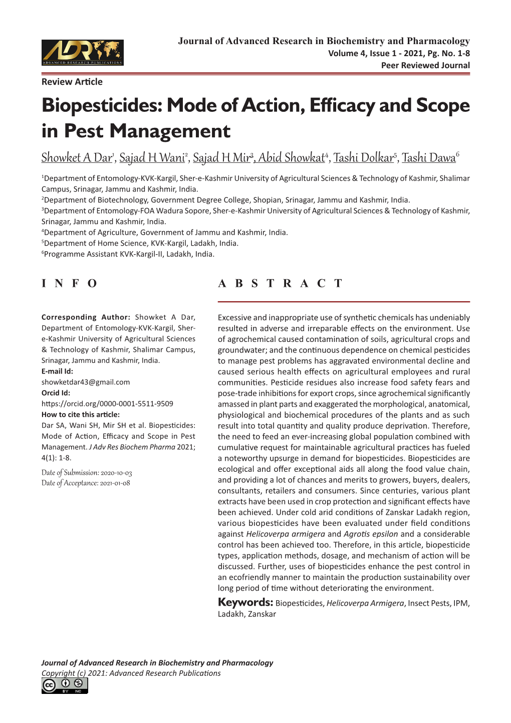 Biopesticides: Mode of Action, Efficacy and Scope in Pest Management