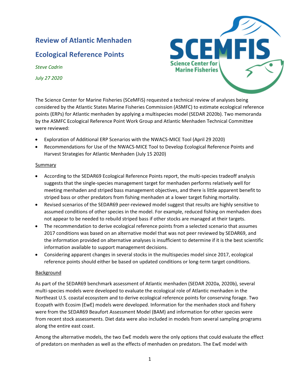 Review of Atlantic Menhaden Ecological Reference Points