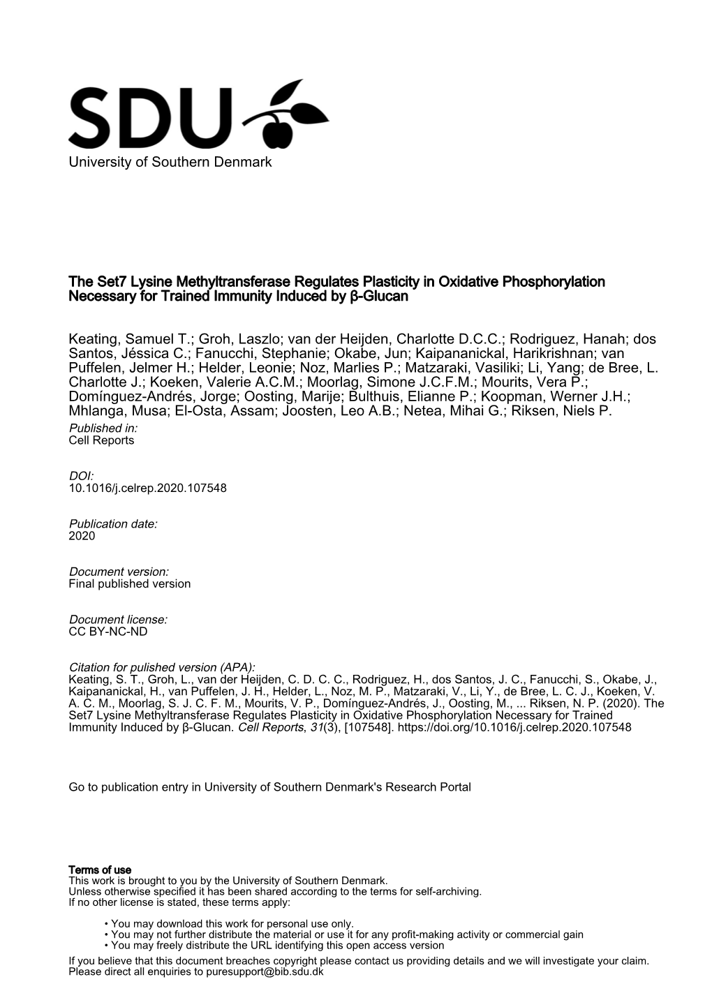 The Set7 Lysine Methyltransferase Regulates Plasticity in Oxidative Phosphorylation Necessary for Trained Immunity Induced by Β-Glucan