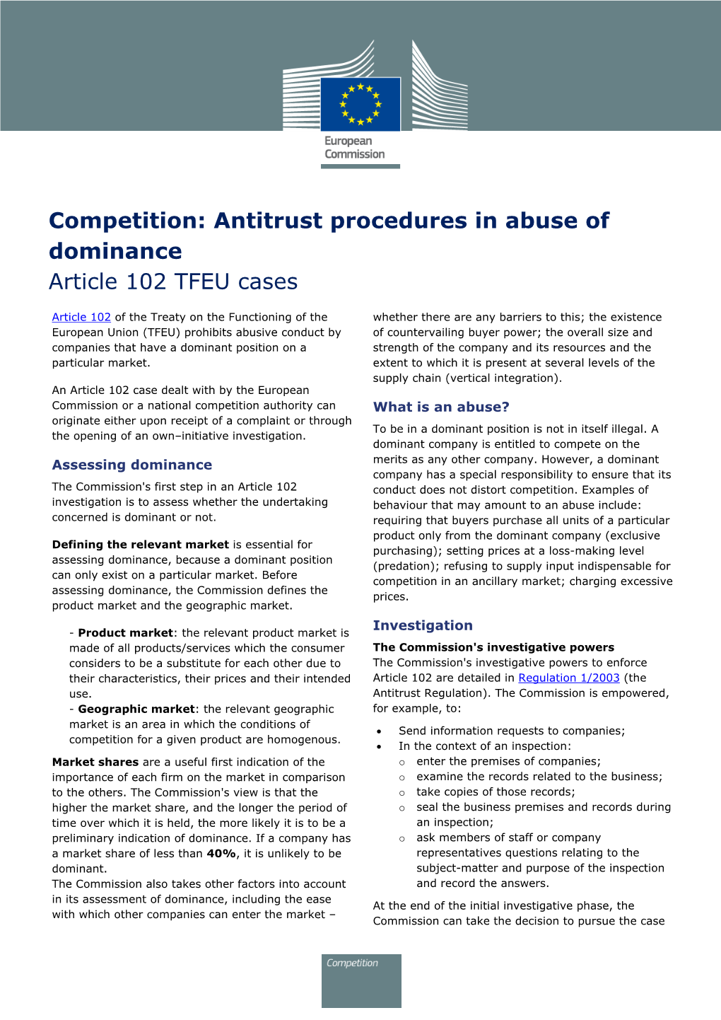 Competition: Antitrust Procedures in Abuse of Dominance Article 102 TFEU Cases