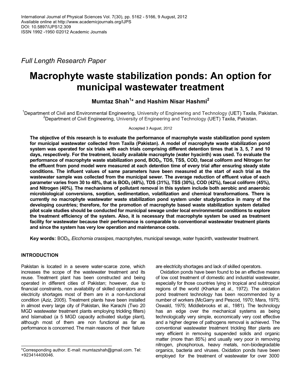 Macrophyte Waste Stabilization Ponds: an Option for Municipal Wastewater Treatment