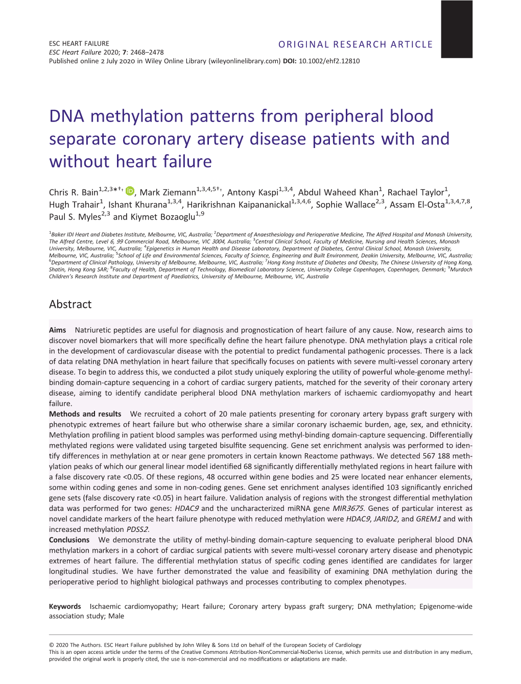 DNA Methylation Patterns from Peripheral Blood Separate Coronary Artery Disease Patients with and Without Heart Failure