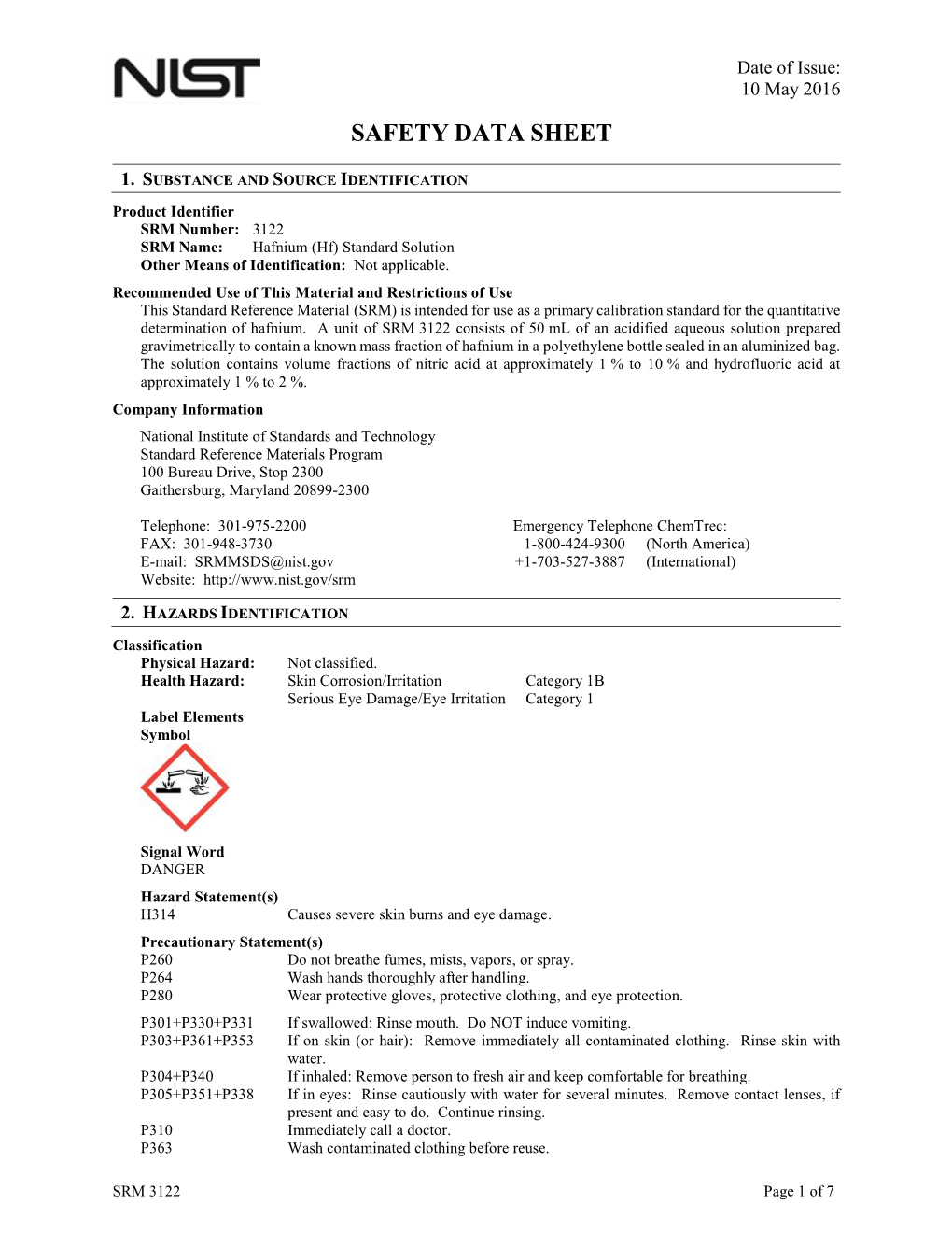 MSDS@Nist.Gov +1-703-527-3887 (International) Website