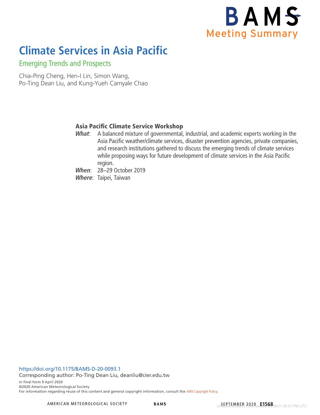 Climate Services in Asia Pacific Emerging Trends and Prospects Chia-Ping Cheng, Hen-I Lin, Simon Wang, Po-Ting Dean Liu, and Kung-Yueh Camyale Chao