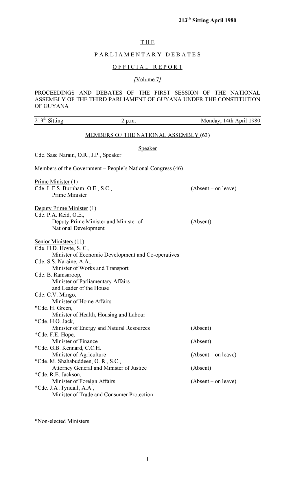 213Th Sitting April 1980 THEPARLIAMENTARYDEBAT ESOFFICIALREPORT /Volume 7