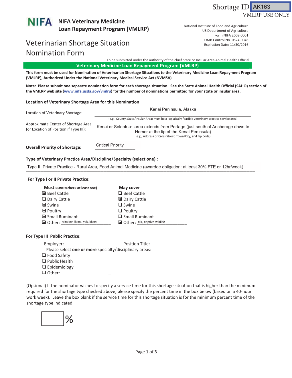 Veterinarian Shortage Situation Nomination Form