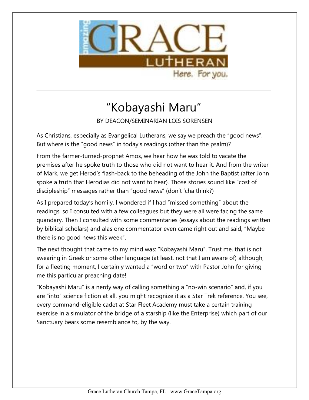 “Kobayashi Maru” by DEACON/SEMINARIAN LOIS SORENSEN