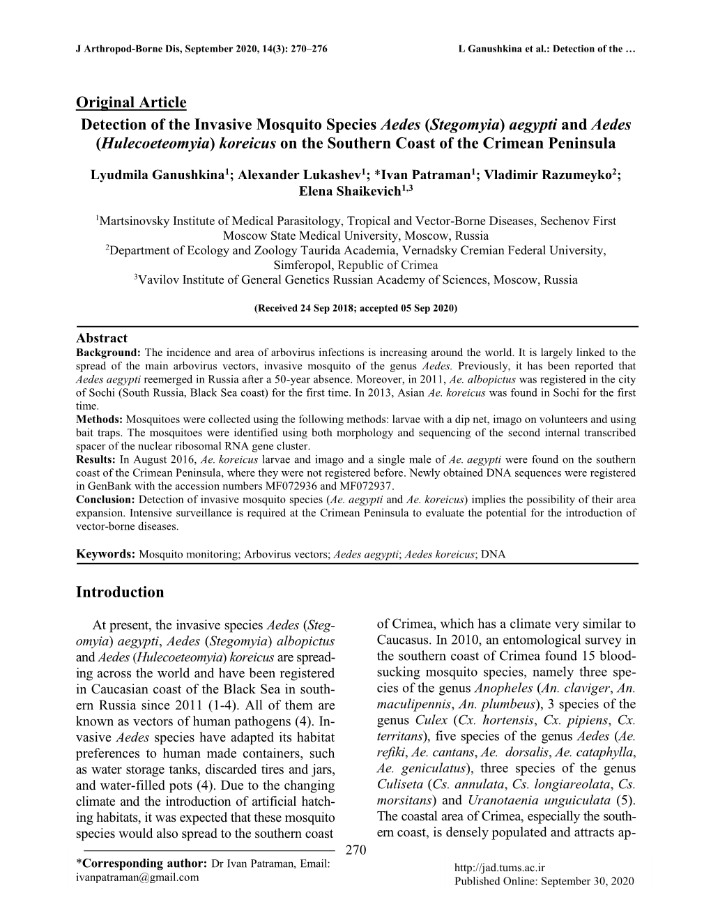 Original Article Detection of the Invasive Mosquito