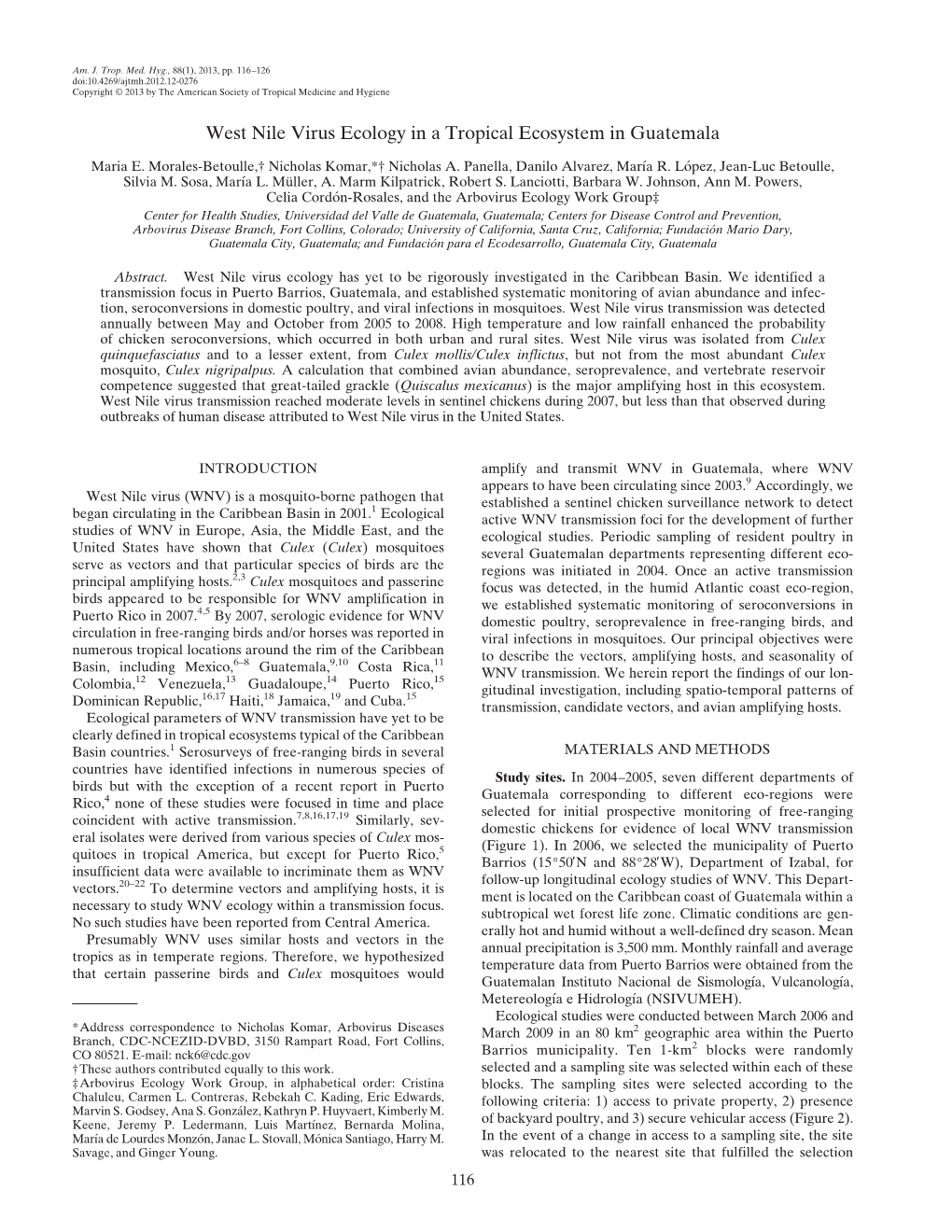 West Nile Virus Ecology in a Tropical Ecosystem in Guatemala