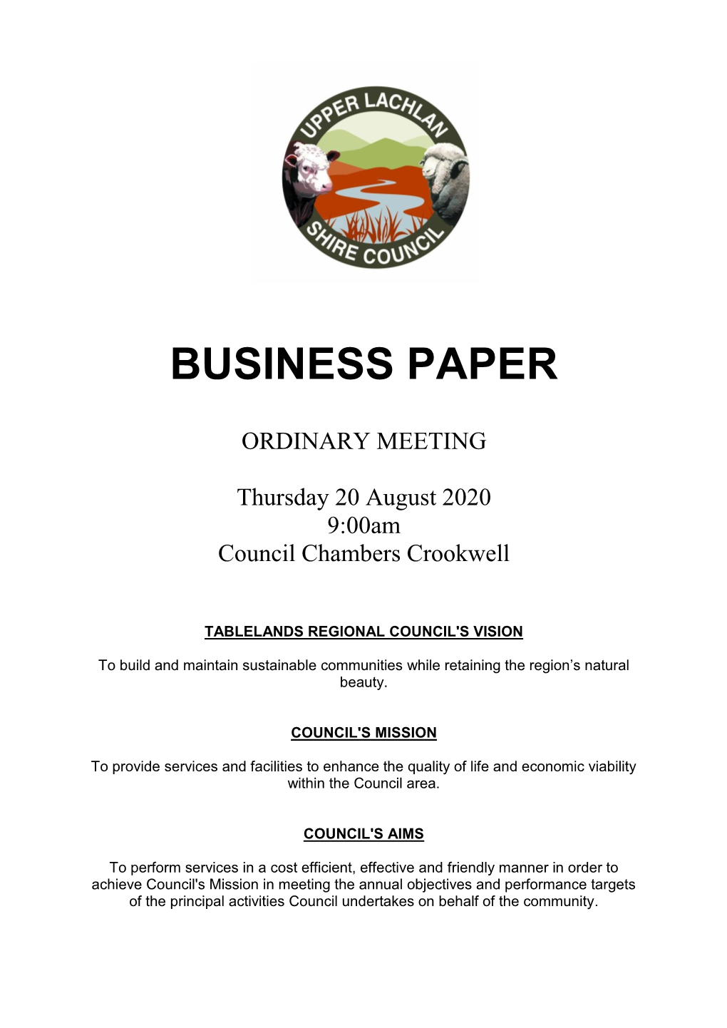 20 August 2020 9:00Am Council Chambers Crookwell