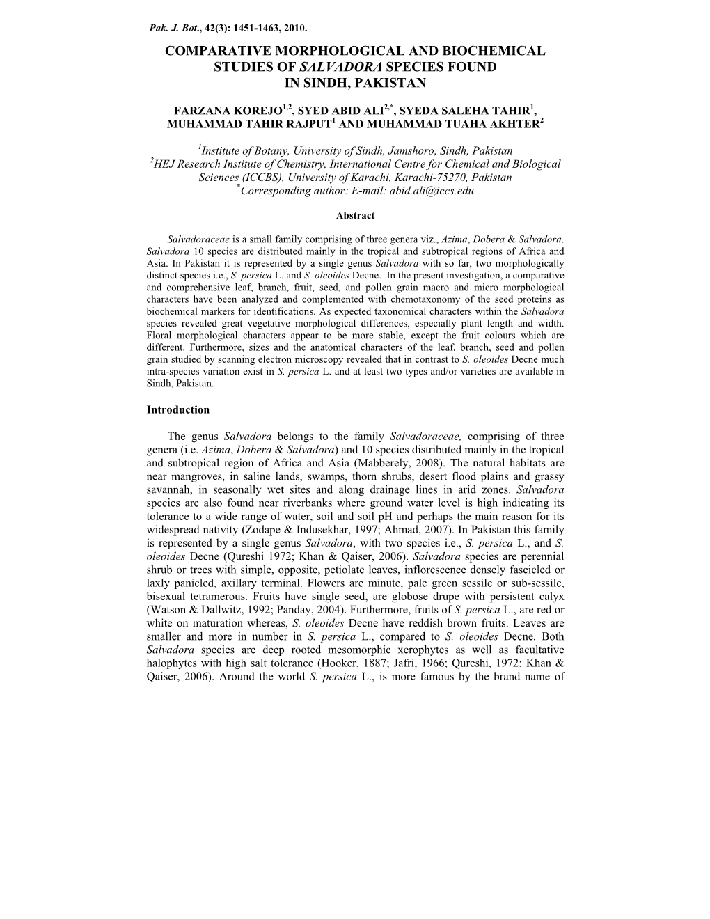 Comparative Morphological and Biochemical Studies of Salvadora Species Found in Sindh, Pakistan