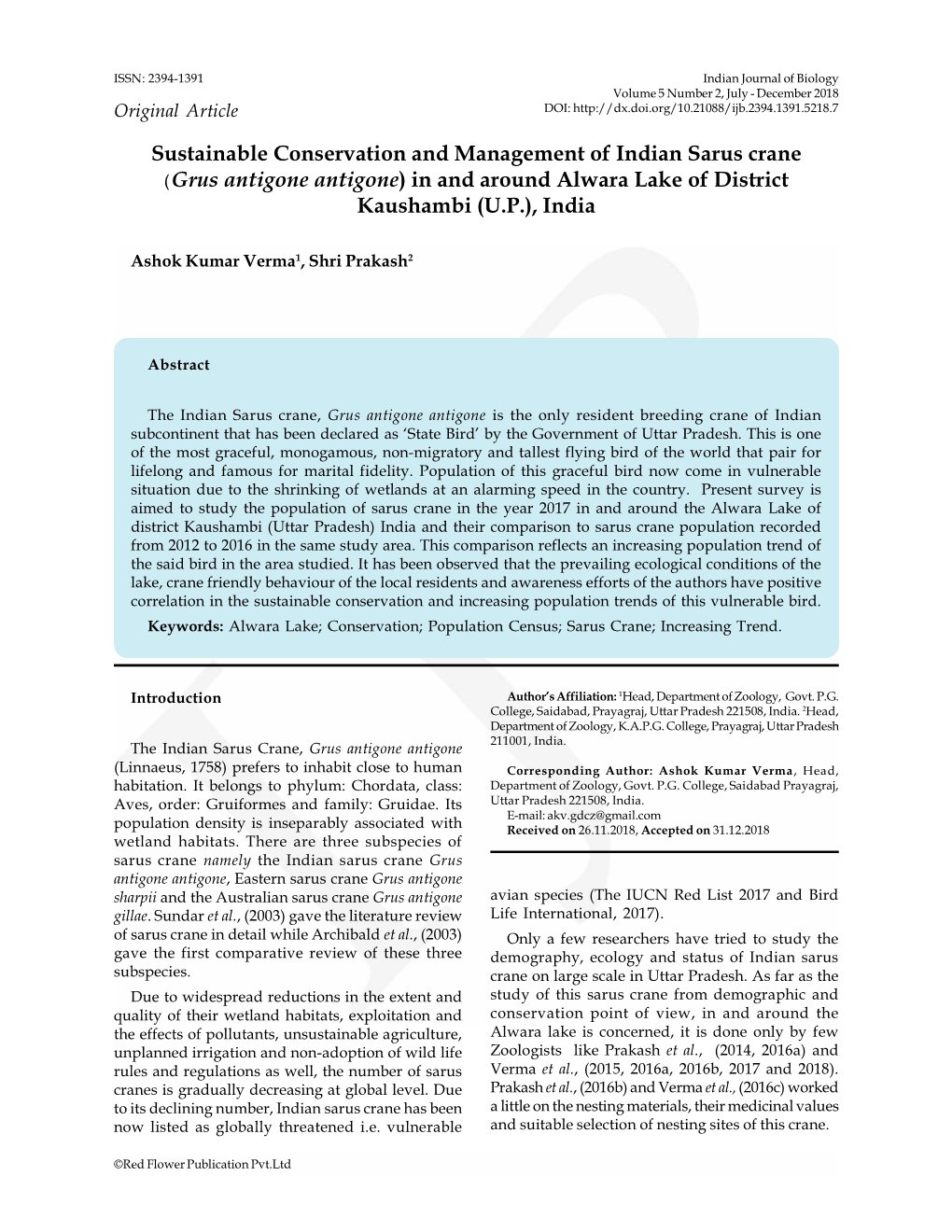 Sustainable Conservation and Management of Indian Sarus Crane (Grus Antigone Antigone) in and Around Alwara Lake of District Kaushambi (U.P.), India