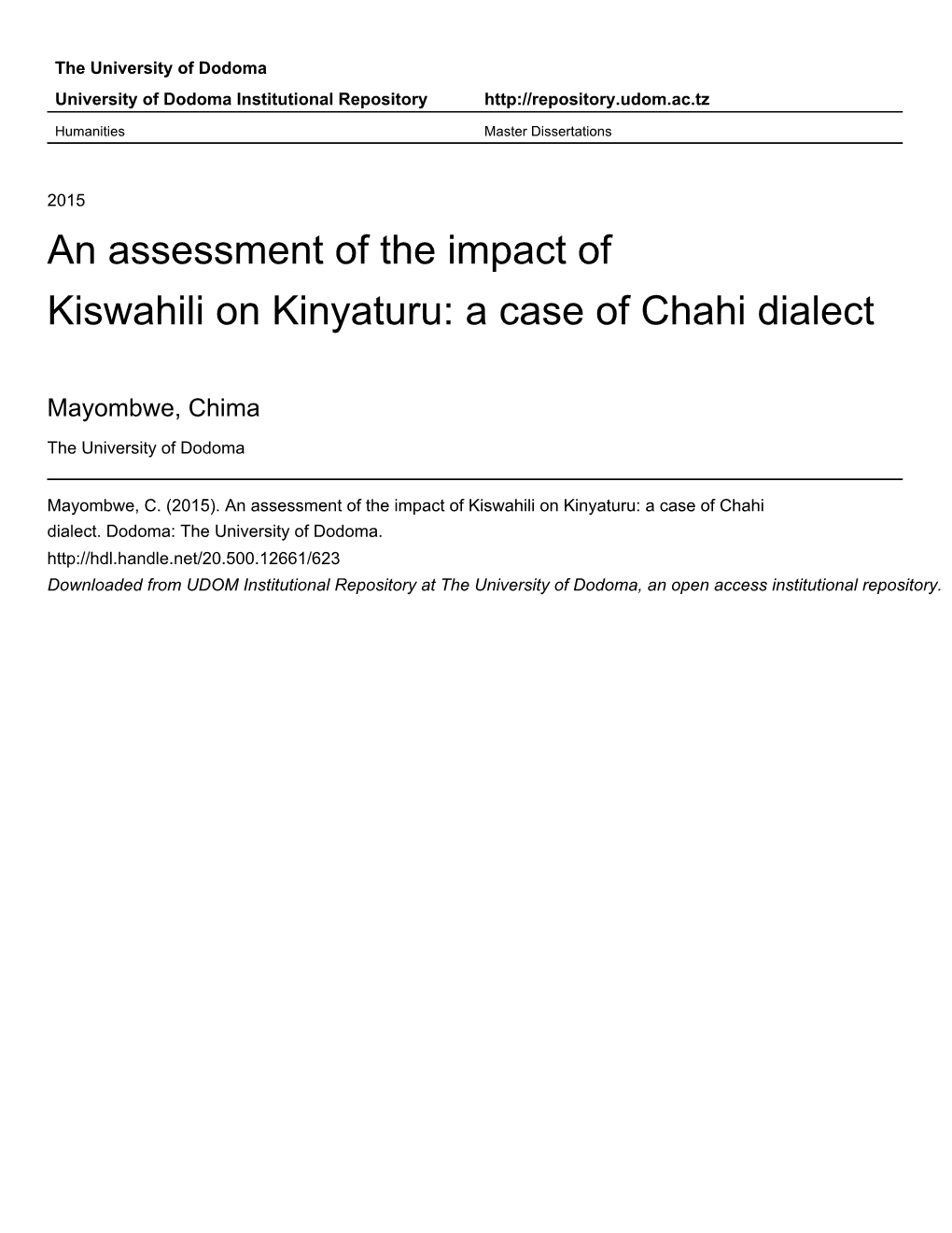 An Assessment of the Impact of Kiswahili on Kinyaturu: a Case of Chahi Dialect