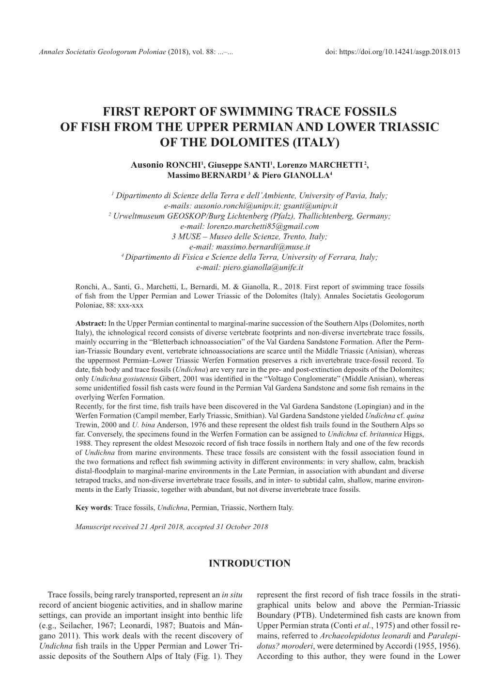 First Report of Swimming Trace Fossils of Fish from the Upper Permian and Lower Triassic of the Dolomites (Italy)