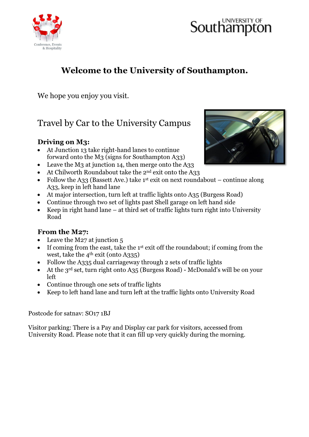 Travel by Car to the University Campus