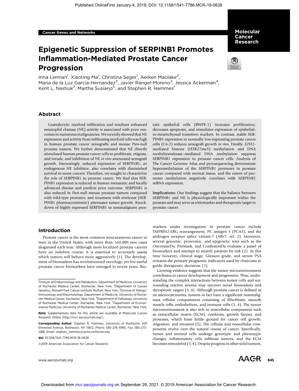 Epigenetic Suppression of SERPINB1 Promotes Inflammation-Mediated Prostate Cancer Progression