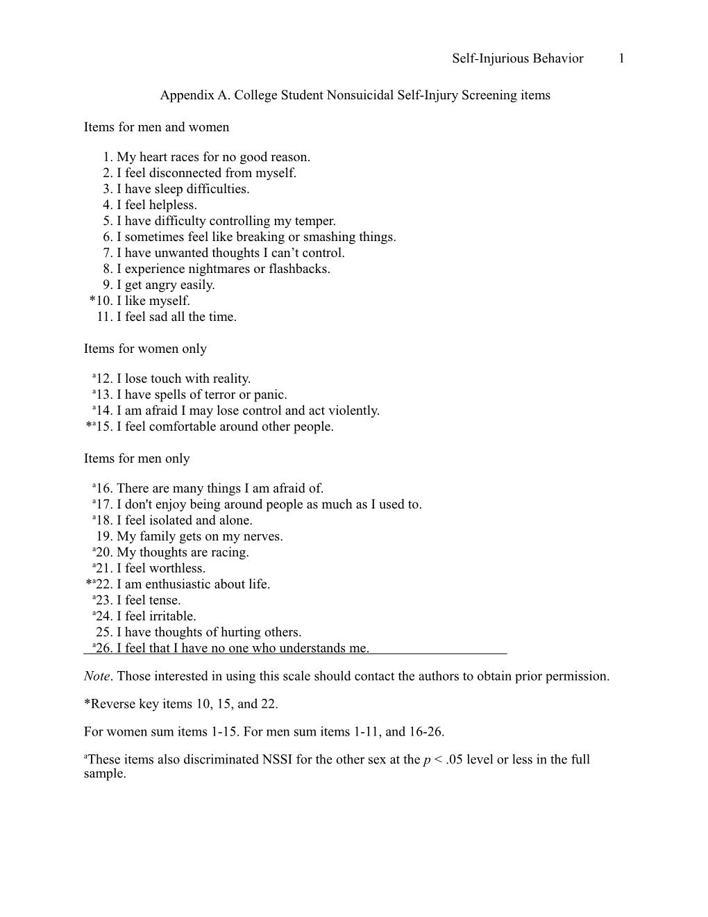 Appendix A. College Student Nonsuicidal Self-Injury Screening Items