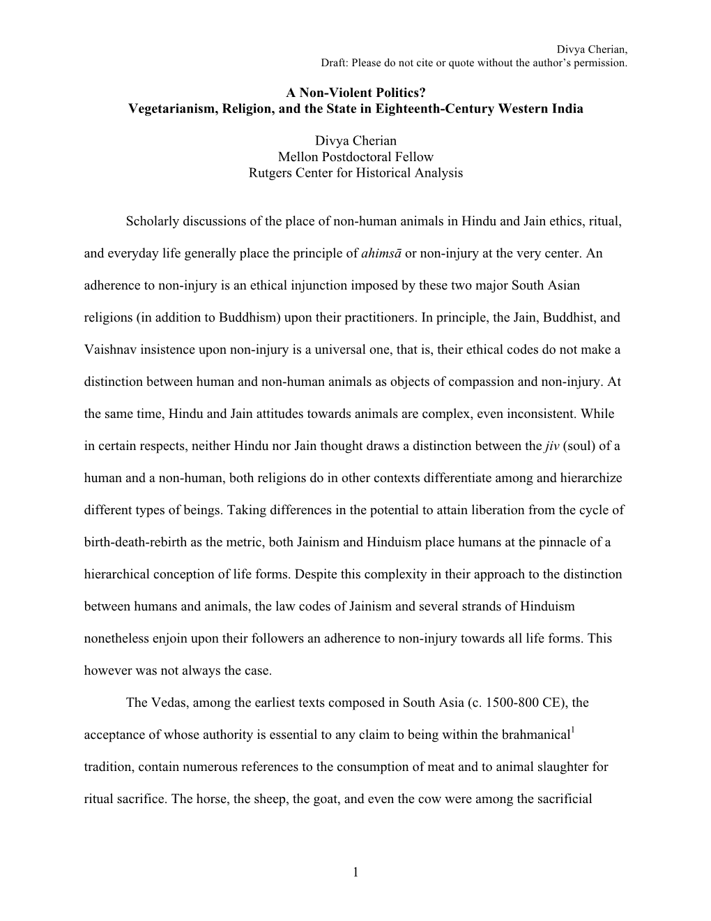 A Non-Violent Politics? Vegetarianism, Religion, and the State in Eighteenth-Century Western India