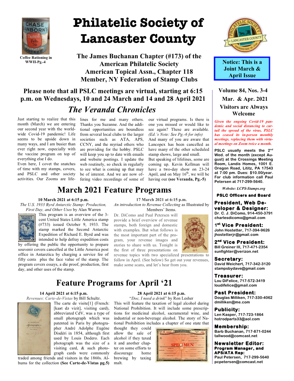 PSLC Newsletter 2021 Vol. 84, No. 3 & No. 4 March-April