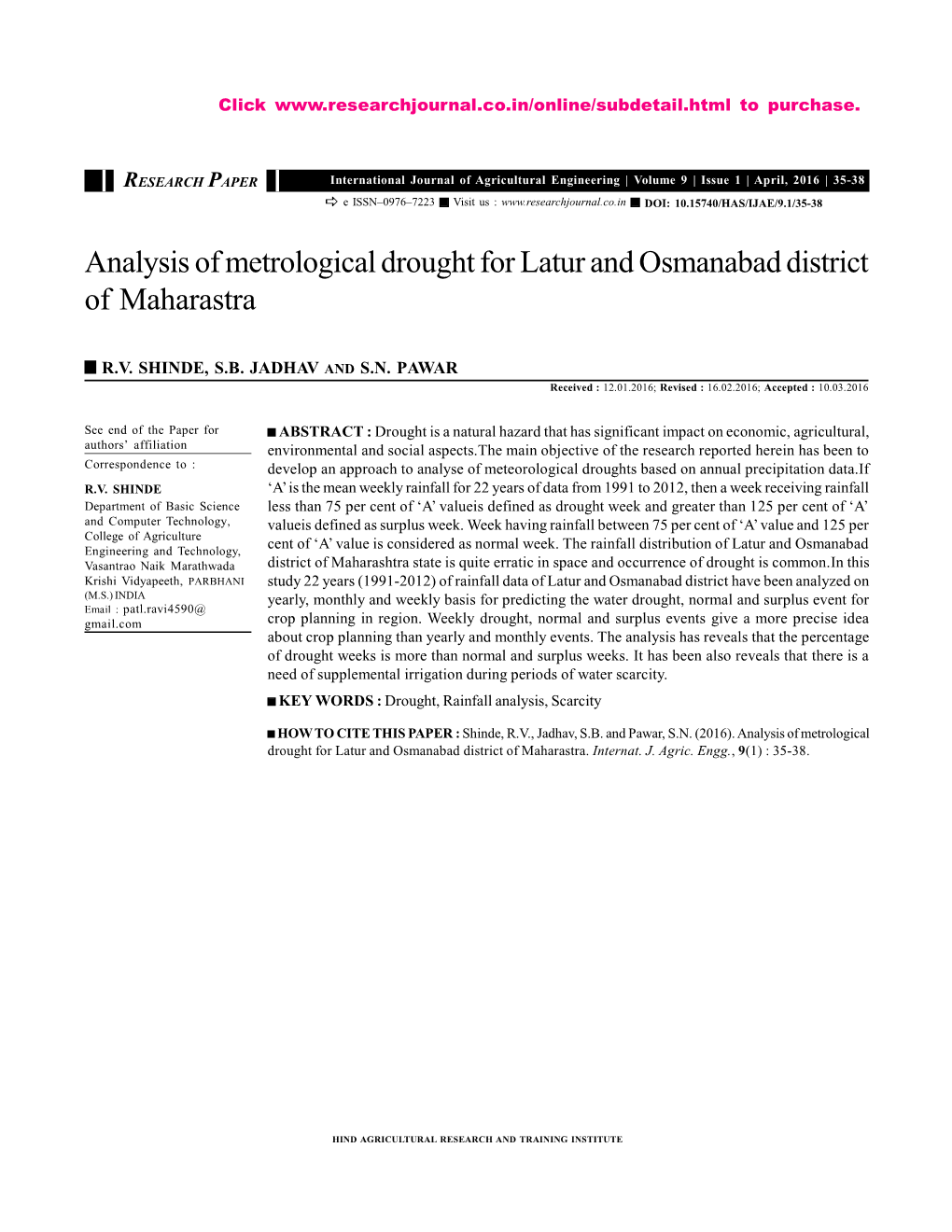 Analysis of Metrological Drought for Latur and Osmanabad District of Maharastra