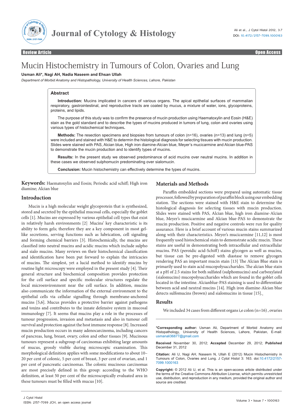 Mucin Histochemistry in Tumours of Colon, Ovaries and Lung