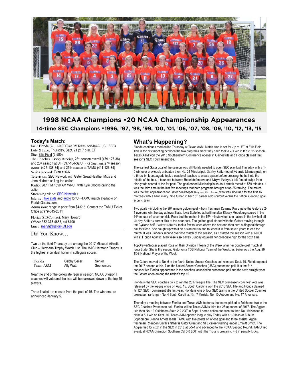 1998 NCAA Champions •20 NCAA Championship Appearances 14-Time SEC Champions ▪1996, ’97, ’98, ’99, ’00, ’01, ’06, ’07, ’08, ’09, ’10, ’12, ’13, ‘15