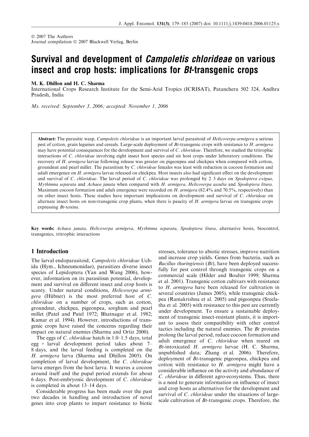 Survival and Development of Campoletis Chlorideae on Various Insect and Crop Hosts: Implications for Bt-Transgenic Crops