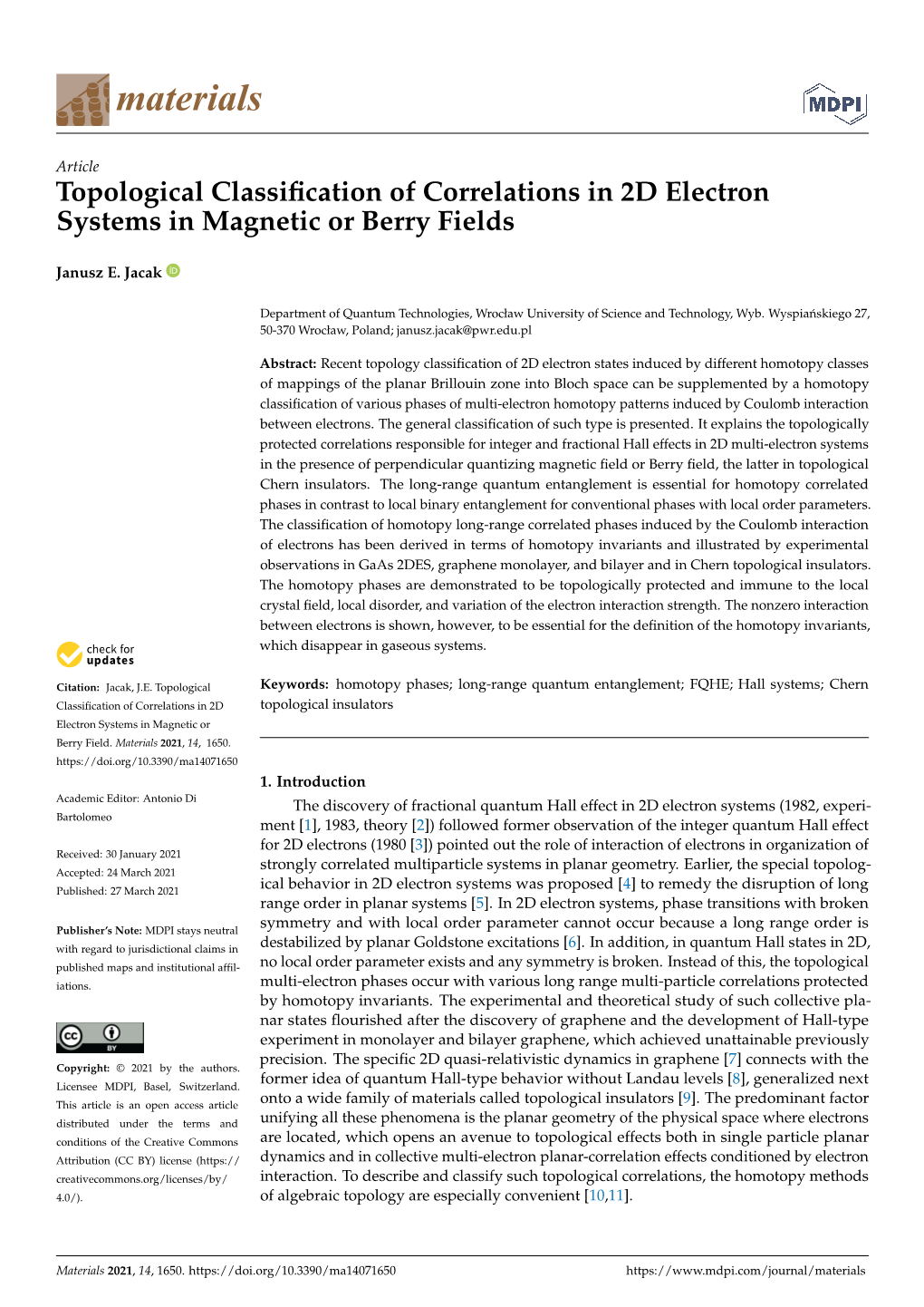 Topological Classification of Correlations in 2D Electron