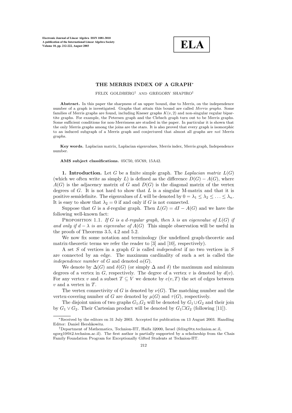 The Merris Index of a Graph∗