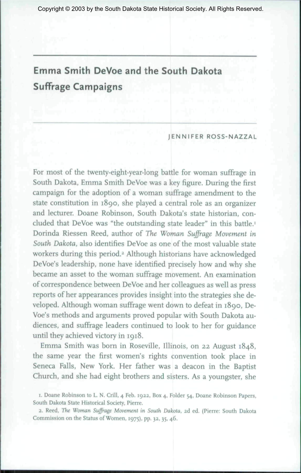 Emma Smith Devoe and the South Dakota Suffrage Campaigns