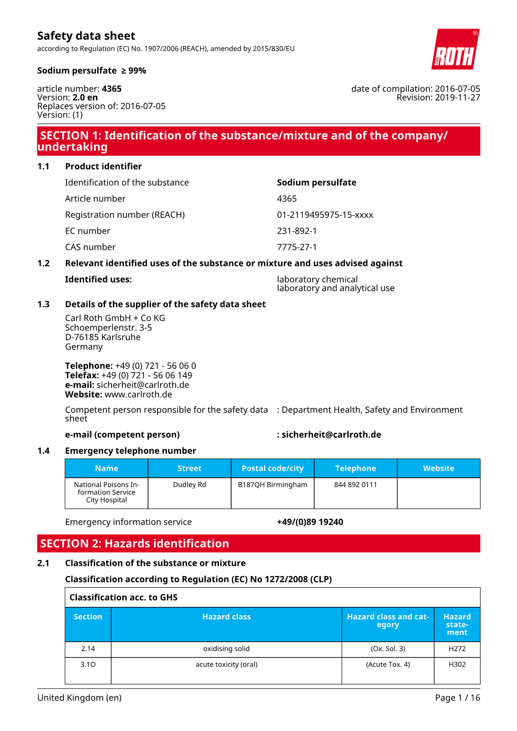 Safety Data Sheet: Sodium Persulfate