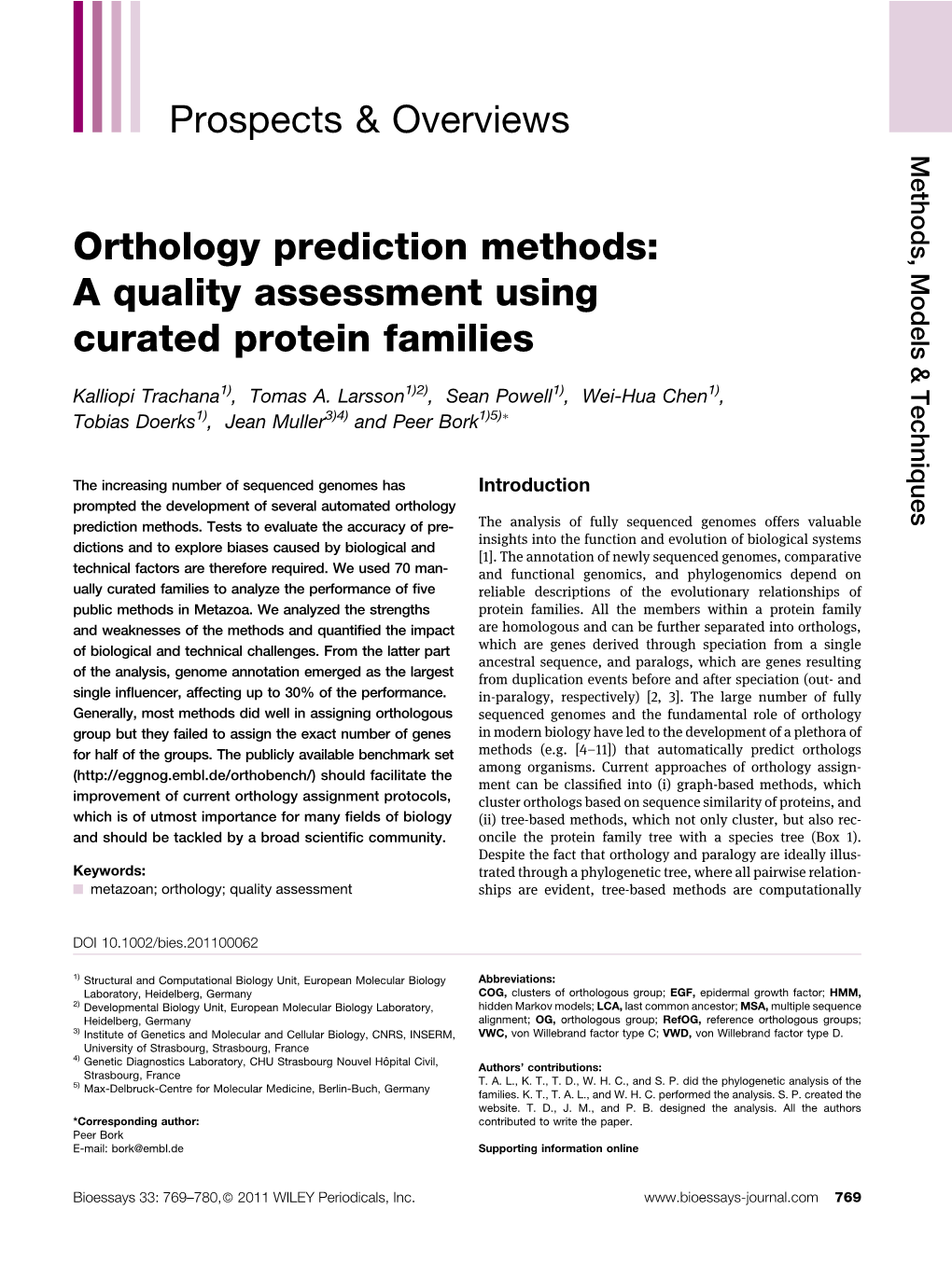 Prospects & Overviews Orthology Prediction Methods: a Quality Assessment Using Curated Protein Families