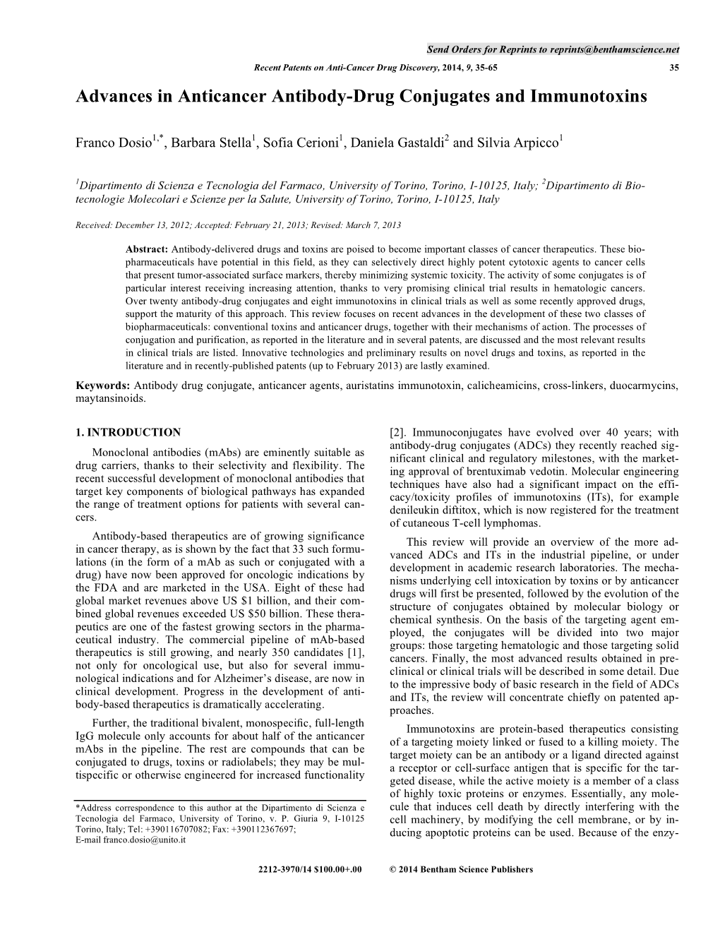 Advances in Anticancer Antibody-Drug Conjugates and Immunotoxins