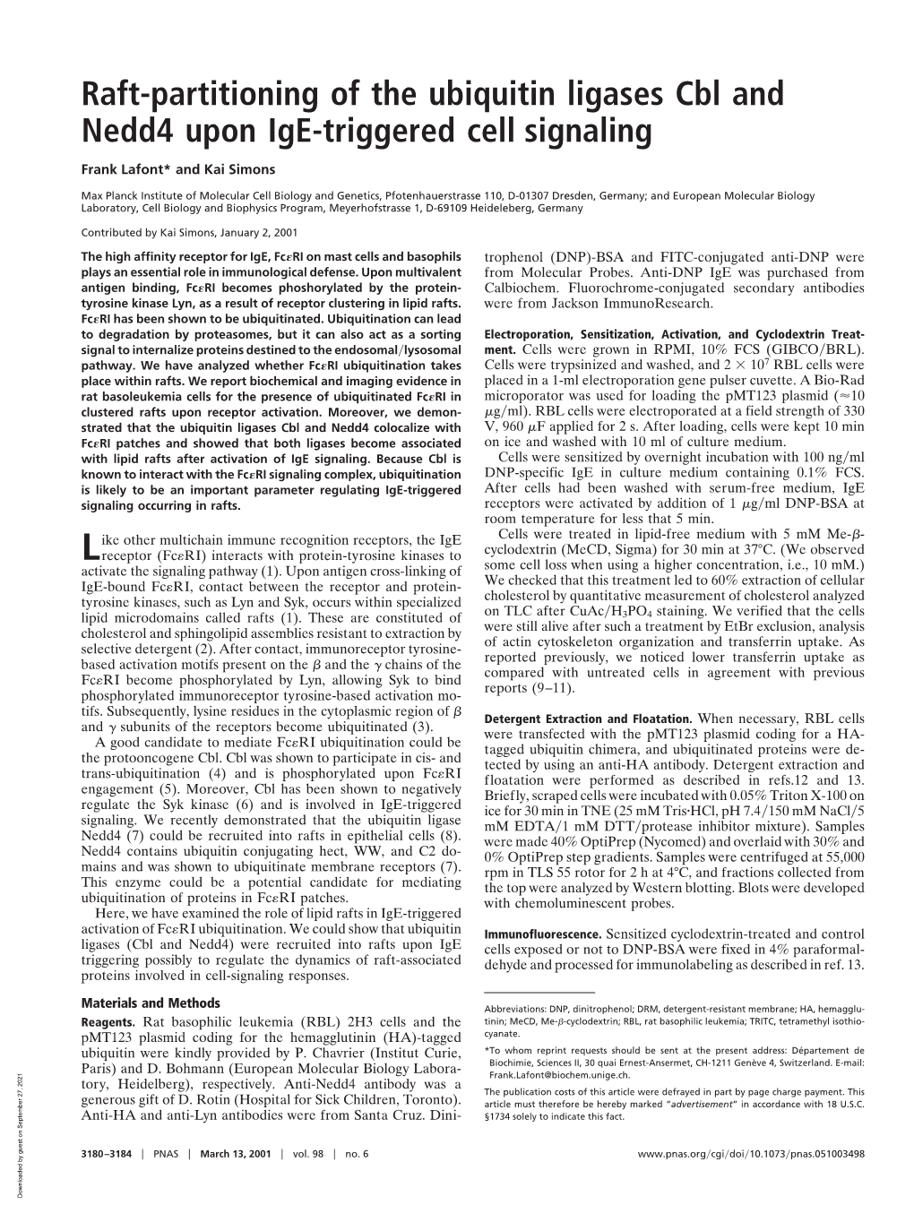 Raft-Partitioning of the Ubiquitin Ligases Cbl and Nedd4 Upon Ige-Triggered Cell Signaling